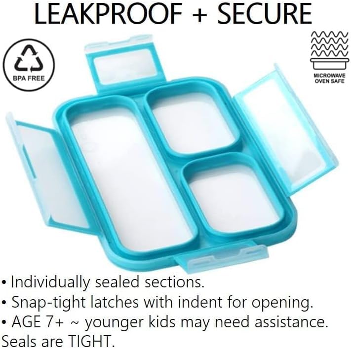 Kinsho Snack Containers - MINI Bento Box, Small Lunch Boxes for Kids Toddlers Boys Girls, Leakproof 3 Compartment Containers for Meal or Snacks, Day-Care Pre-School Travel, BPA Free, 2 Pack Set Coral Blue - Image 5